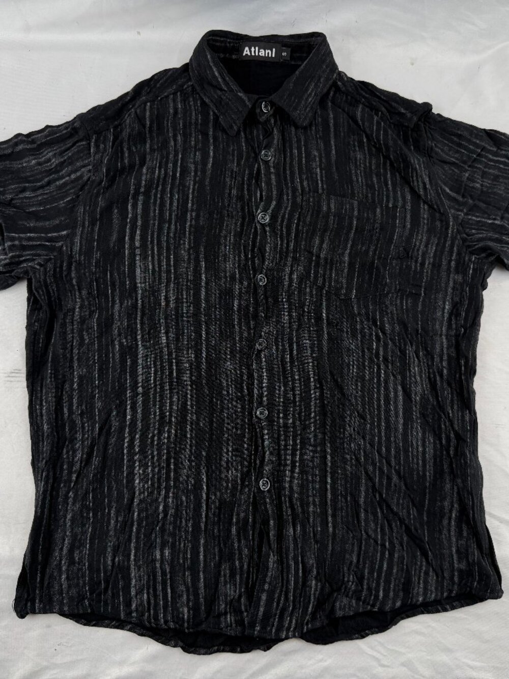 Atlani Men Black Gray Striped Short Sleeve Button Down Shirt Linen Blend S